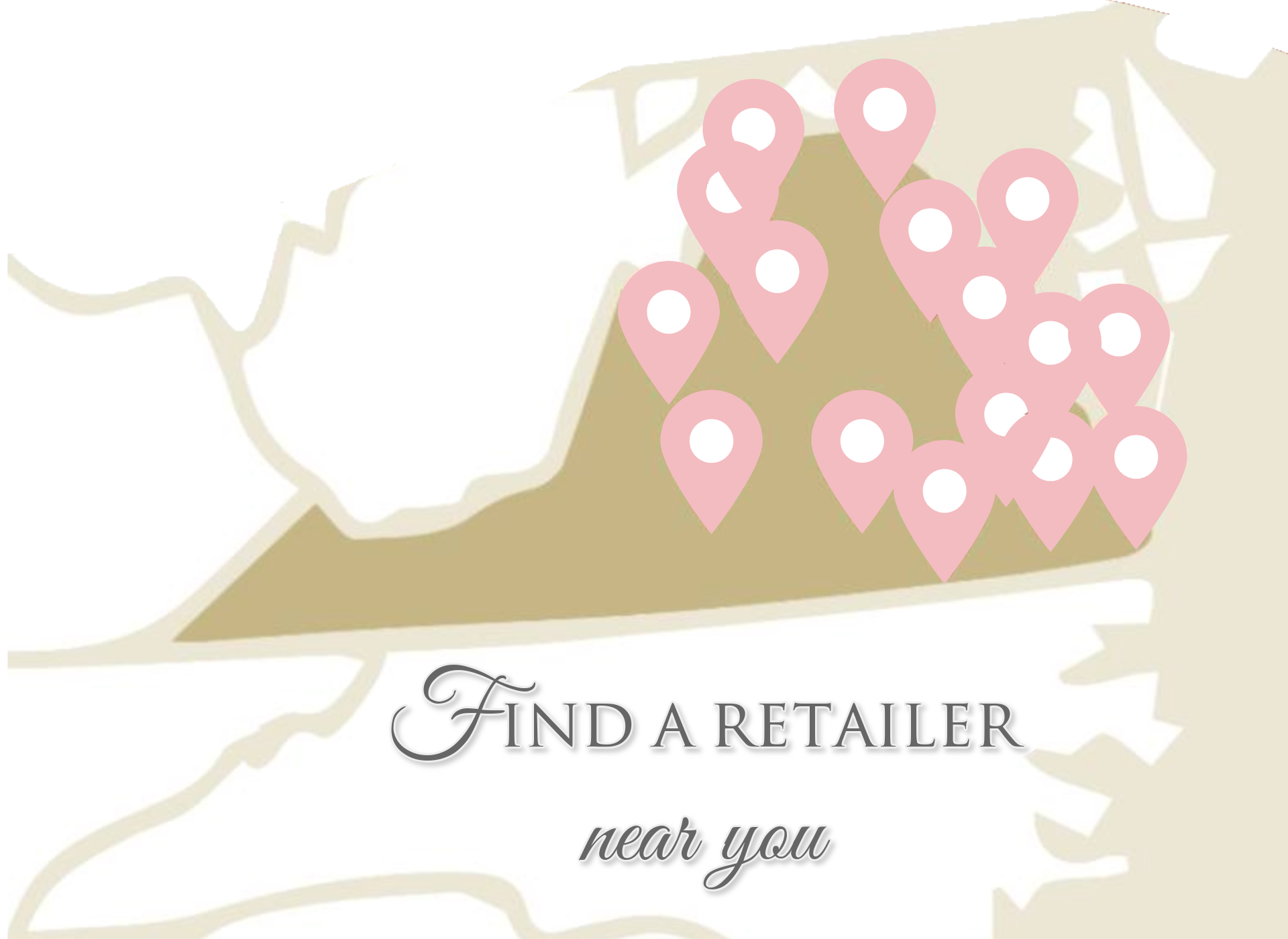Map with pink location markers and text 'Find a retailer near you' on a beige background