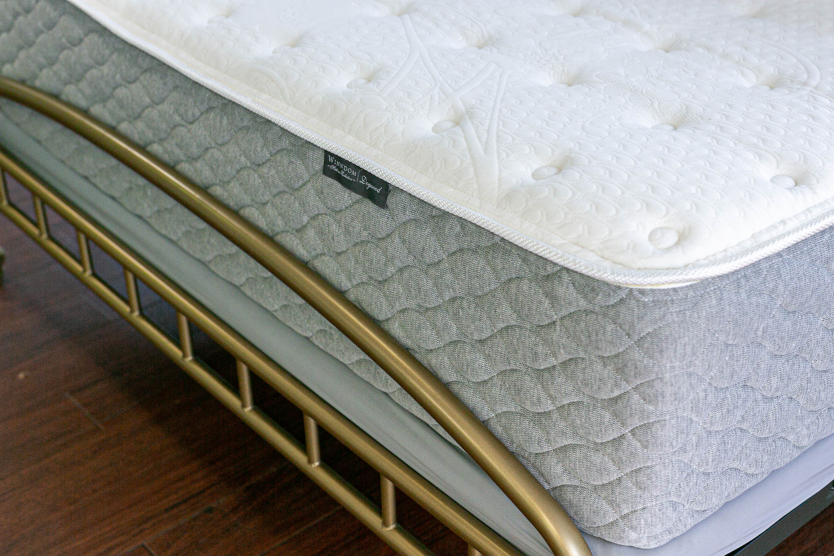 Winndom Dogwood Mattress footer close up. Winndom firm mattress, innerspring mattress foam mattress, mattress made in USA, made in America