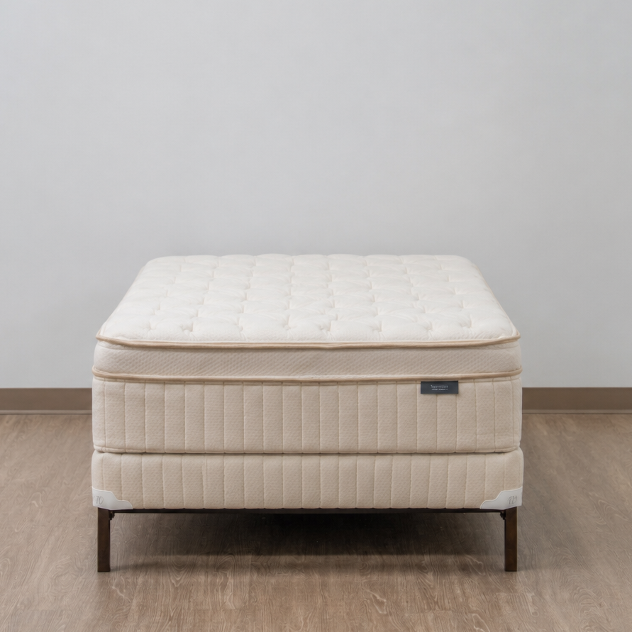 A quilted mattress on a matching upholstered bed frame with dark metal legs, set against a plain light gray wall and wood-look floor.