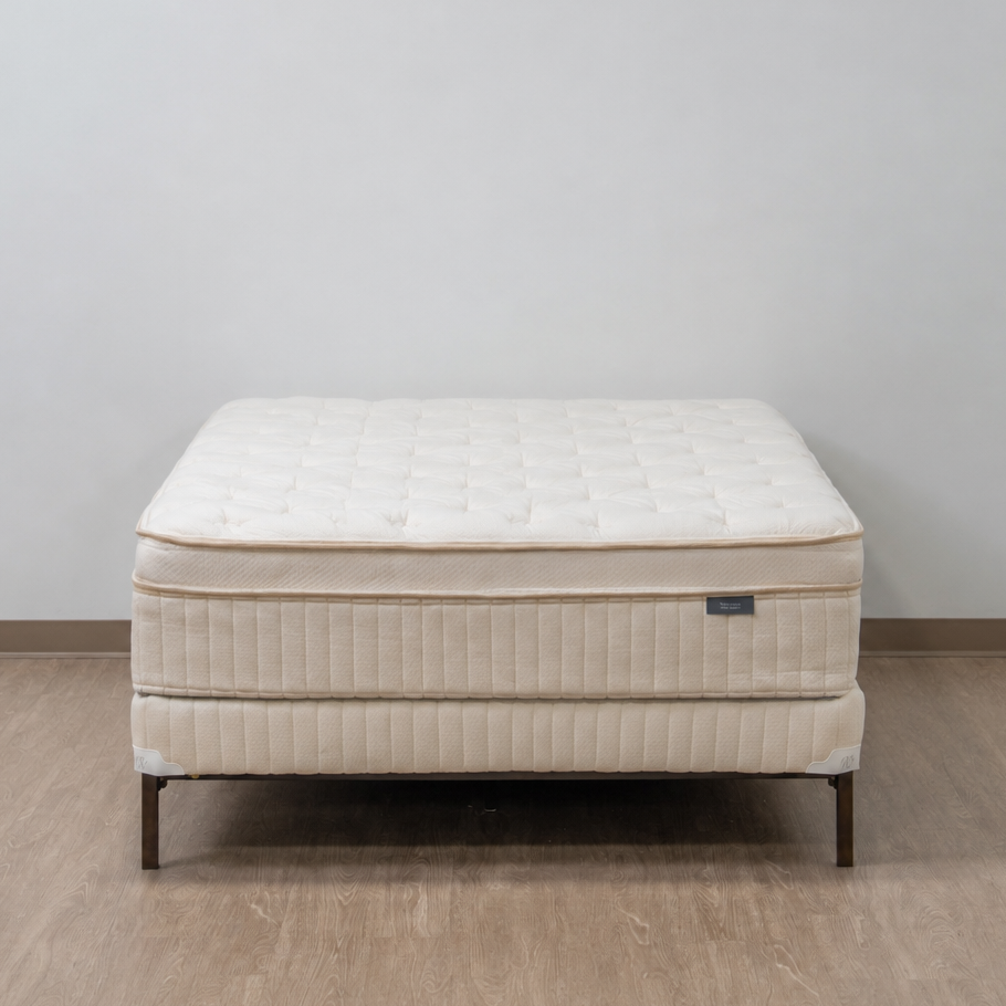A quilted mattress on a matching upholstered bed frame with dark metal legs, set against a plain light gray wall and wood-look floor.