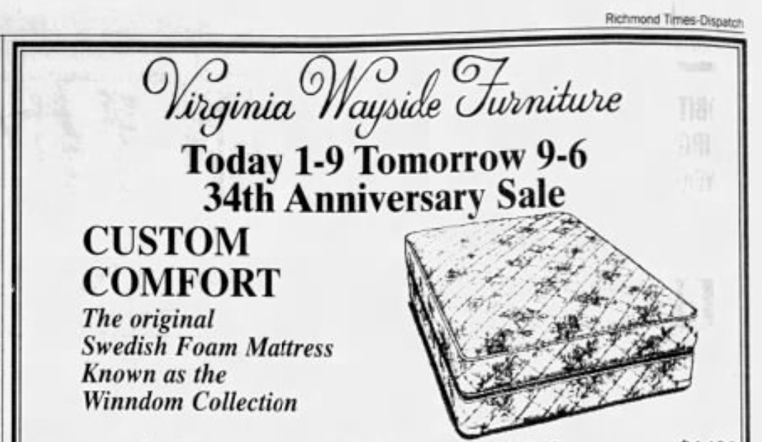 Advertisement for Virginia Wayside Furniture with mattress illustration and pricing details.