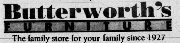 Butterworth's Furniture logo with text 'The family store for your family since 1927' on a black background