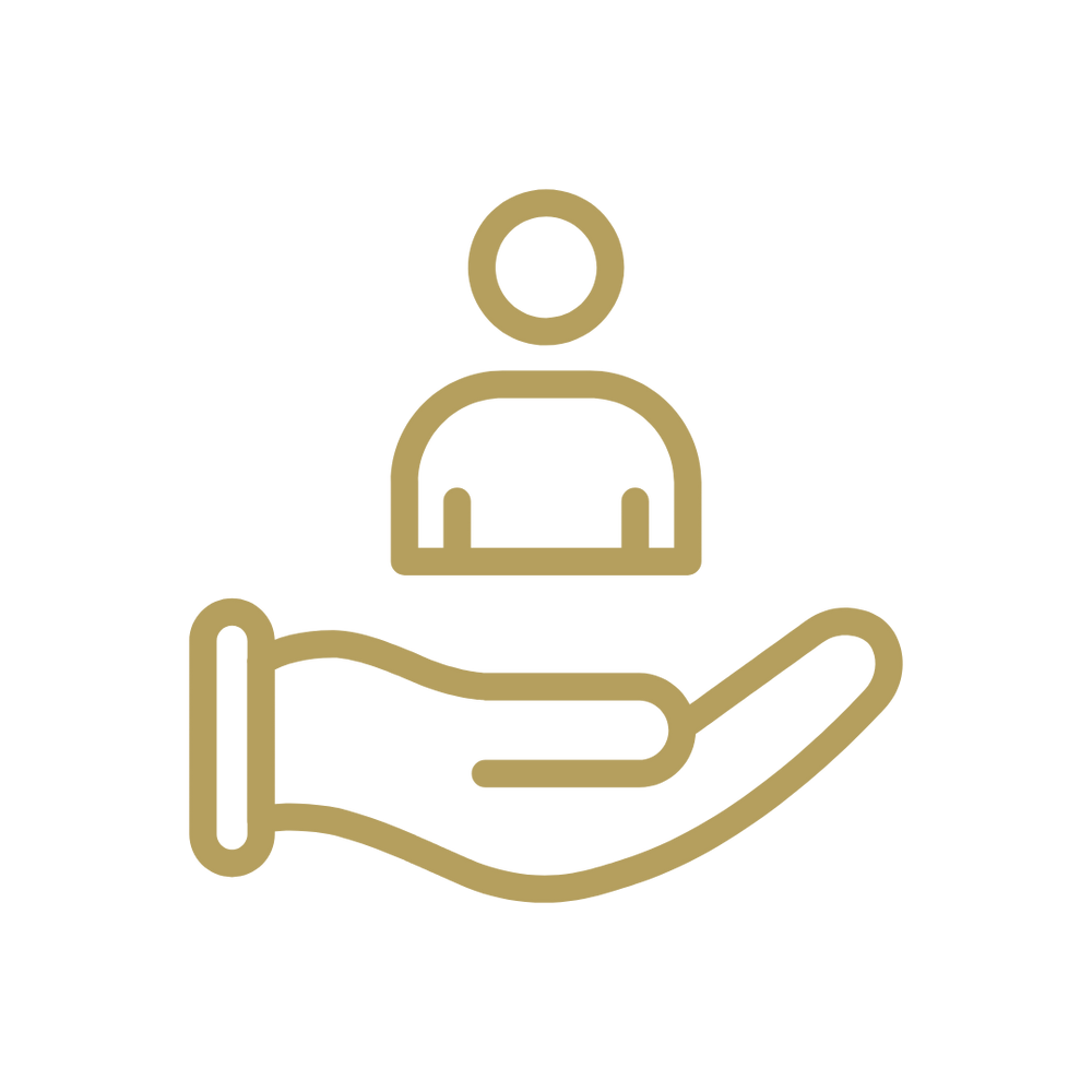Icon of a hand holding a person, symbolizing support or care.